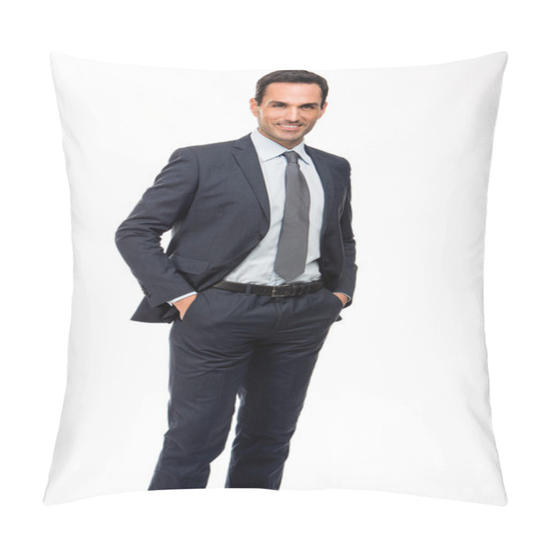 Personality  Full Length Portrait Of A Smiling Businessman With Hands In His Pockets Pillow Covers