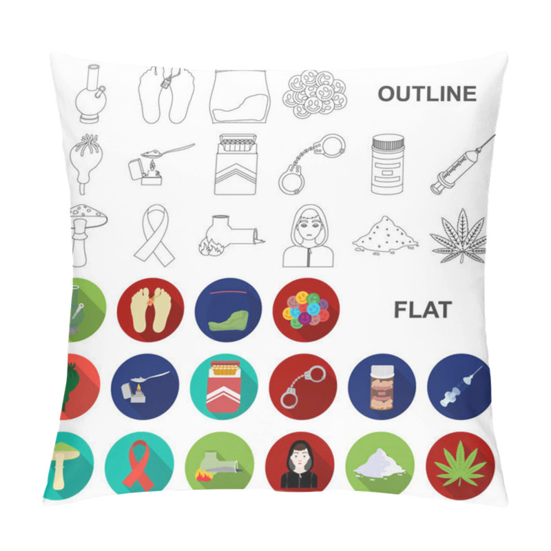 Personality  Drug Addiction And Attributes Flat Icons In Set Collection For Design. Addict And Drug Vector Symbol Stock Web Illustration. Pillow Covers