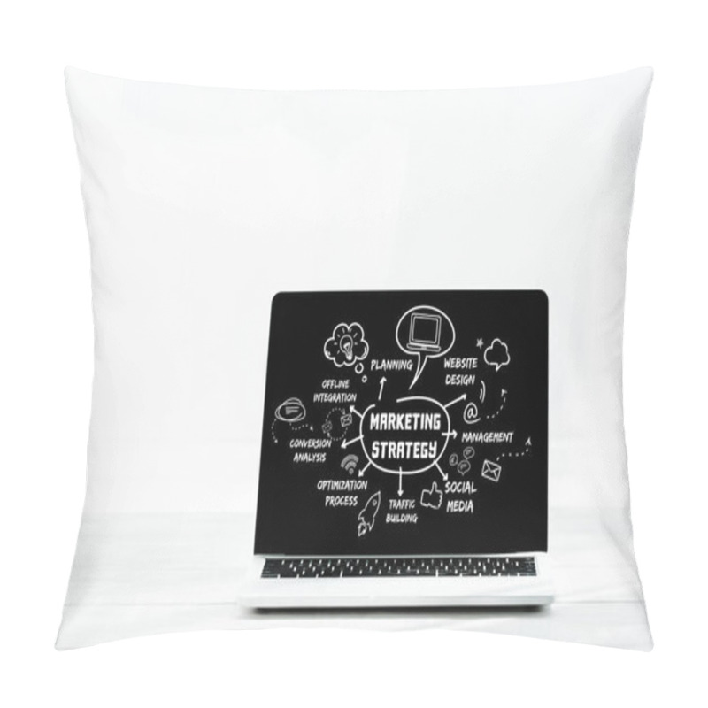 Personality  Laptop With Marketing Strategy Lettering On Screen On White  Pillow Covers