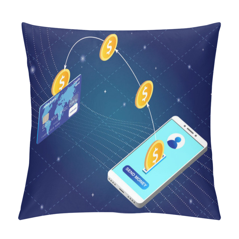 Personality  Money Transfer From Smartphone To Card. Isometric Vector Concept Illustration Pillow Covers