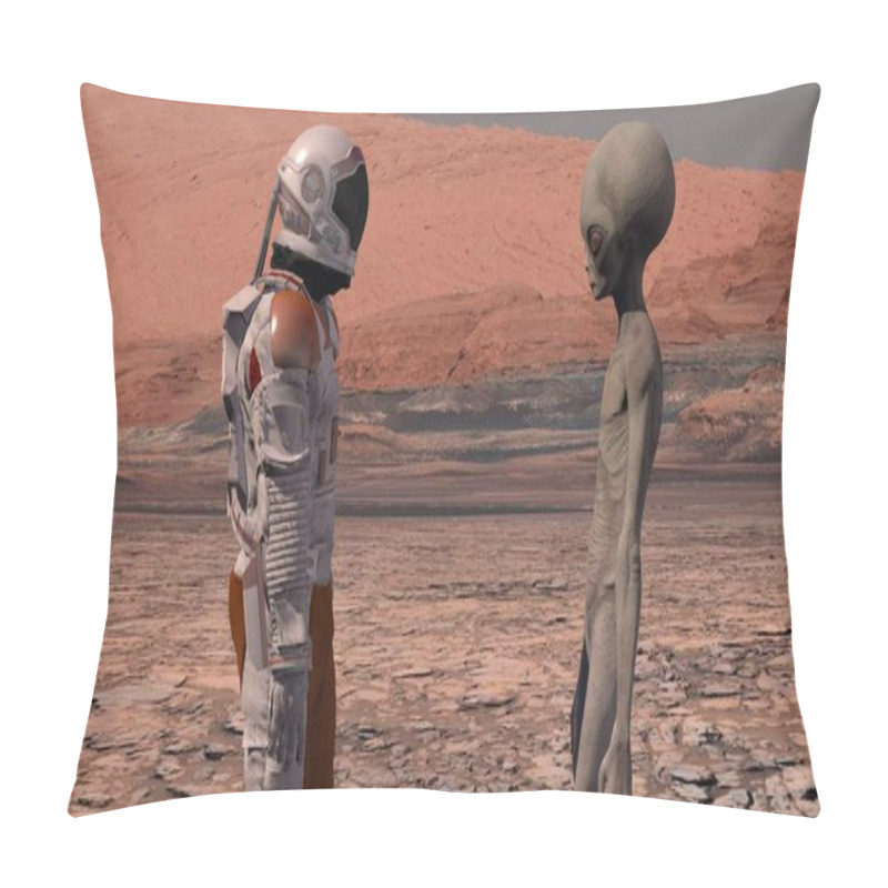 Personality  Astronaut Meets A Martian On Mars. First Contact. Alien On Mars. Exploring Mission To Mars. Colonization And Space Exploration Concept. 3d Rendering. Elements Of This Video Furnished By NASA Pillow Covers