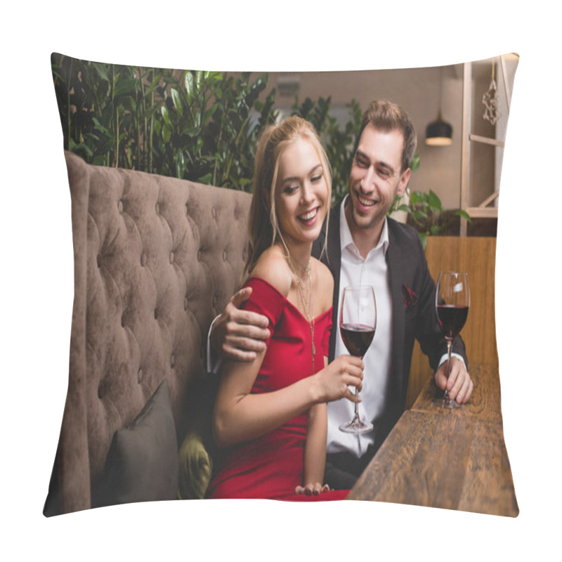 Personality  Happy Girl Laughing Near Boyfriend While Holding Glass With Red Wine In Restaurant  Pillow Covers