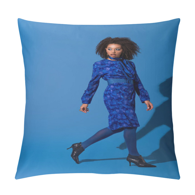 Personality  Attractive African American Woman In Dress Walking On Blue Background  Pillow Covers