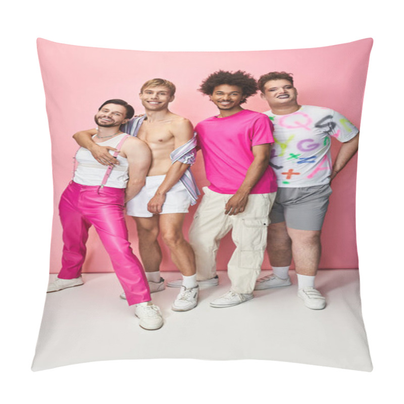 Personality  Four Friends Express Their Style And Joy Against A Bright Pink Backdrop At A Lively Gathering. Pillow Covers