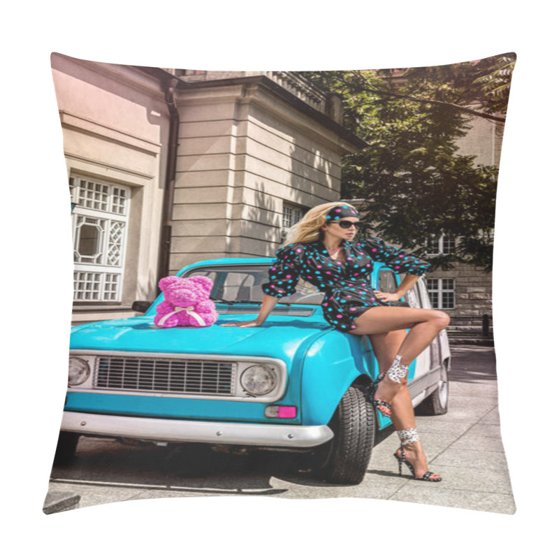 Personality  Polka Dots Fashion. Beautiful Blonde Young Woman Near The Car . Spring And Summer Fashion Model Concept. Rose Bear. Wedding Gift. Pillow Covers