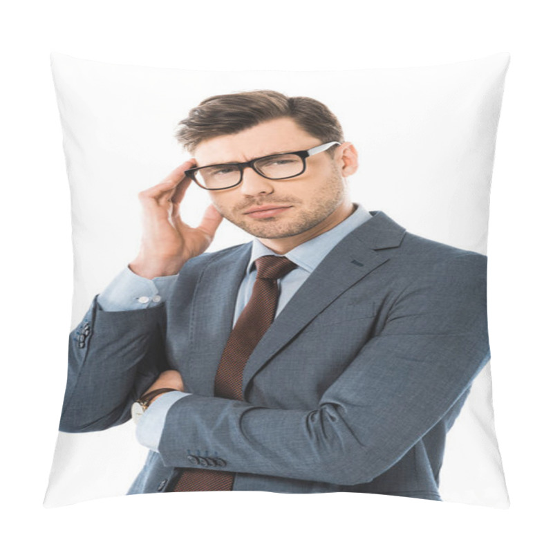 Personality  Tired Thoughtful Businessman Touching Head Isolated On White  Pillow Covers