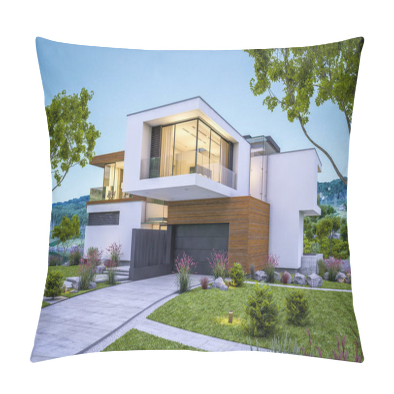 Personality  3d Rendering Of Modern Cozy House By The River With Garage For Sale Or Rent With Beautiful Mountains On Background. Clear Summer Evening With Blue Sky. Cozy Warm Light From Window. Pillow Covers