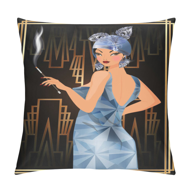 Personality  Flapper Woman With Cigarette Holder In Style Art Deco, Vector Illustration Pillow Covers