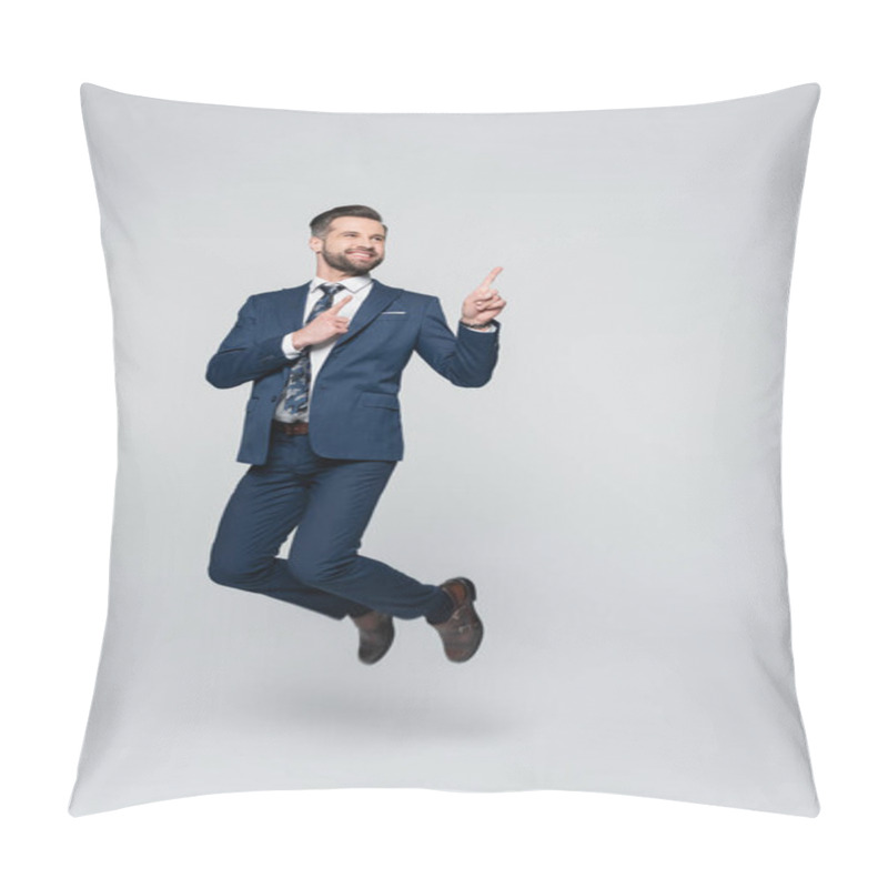 Personality  Cheerful Businessman Levitating And Pointing With Fingers On Grey Pillow Covers