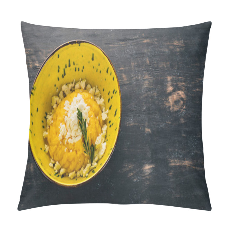 Personality  Banosh With Cheese. Top View. On A Black Wooden Background. Copy Space. Pillow Covers