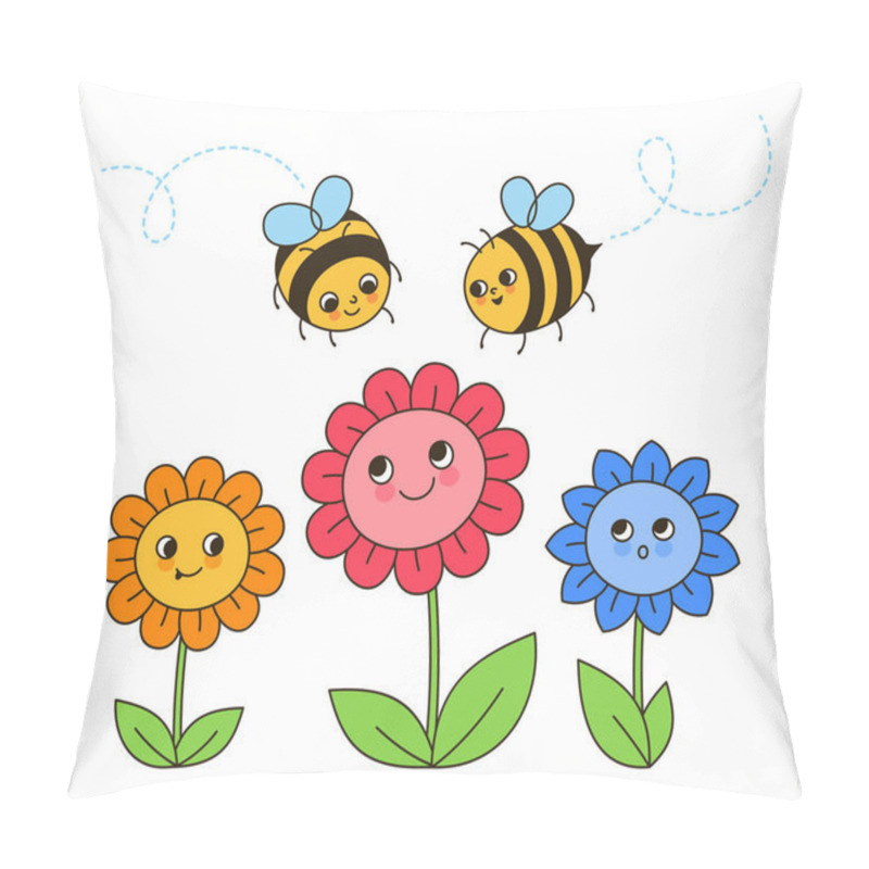 Personality  Bee Honey Characters And Flowers Retro Cartoon Illustration. Comics Kids Honeybee Insect Characters With Funny Face Artwork. Cute Child Hand Drawn Summer Comic Smiley Striped Bees Doodle Design Vector Pillow Covers