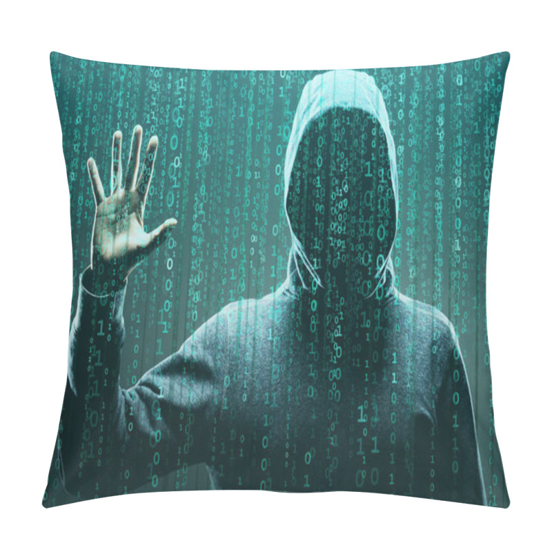 Personality  Computer Hacker In Mask And Hoodie Over Abstract Binary Background. Obscured Dark Face. Data Thief, Internet Fraud, Darknet And Cyber Security Concept. Pillow Covers