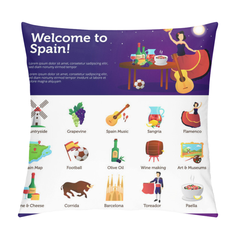 Personality  Welcome To Spain Infographic Symbols Poster Pillow Covers