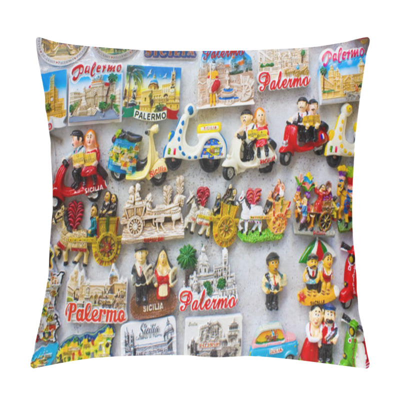 Personality  PALERMO, ITALY - September 25, 2019: Magnets Souvenirs For Sale In Palermo Pillow Covers