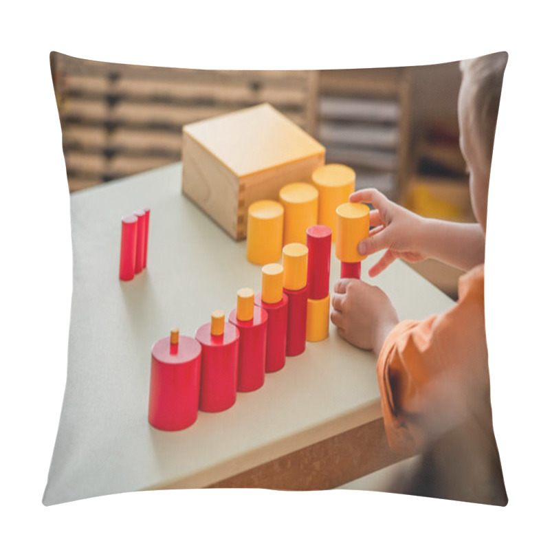 Personality  Partial View Of Kid Playing With Red And Yellow Blocks In Montessori School Pillow Covers