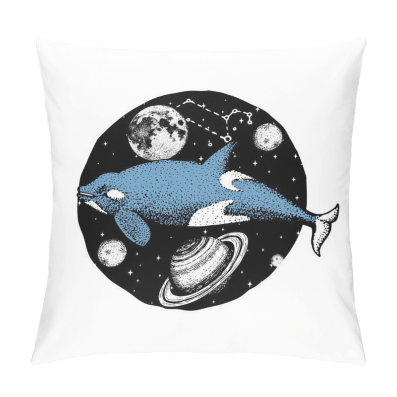 Personality  Blue Whale And Planets In Solar System. Astronomical Galaxy Space. Explore Adventure. Engraved Hand Drawn In Old Sketch.  Pillow Covers