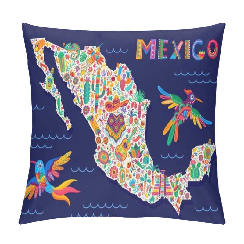 Personality  Mexican Map Silhouette With National Symbols And Tropical Plants. Vector Cartography Contour Filled With Sombrero, Poncho, Cacti And Humming-bird, Maracas, Turtle And Tex Mex Food, Pepper Or Tequila Pillow Covers