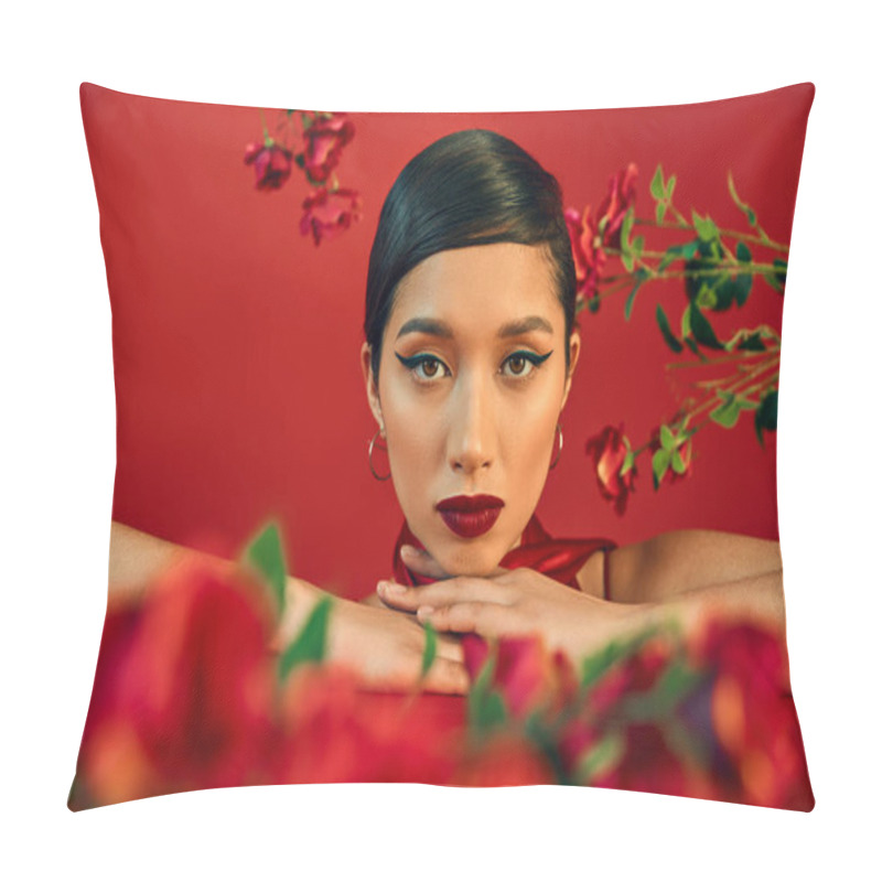 Personality  Gen Z Fashion, Portrait Of Charming And Young Asian Woman With Bright Makeup Looking At Camera Among Fresh Roses On Red, Spring Fashion Photography, Blurred Foreground Pillow Covers