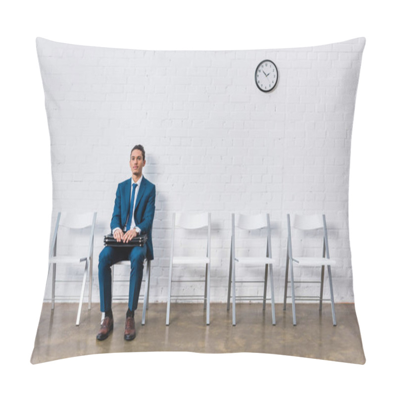 Personality  Businessman With Briefcase Sitting On Chair And Waiting Pillow Covers