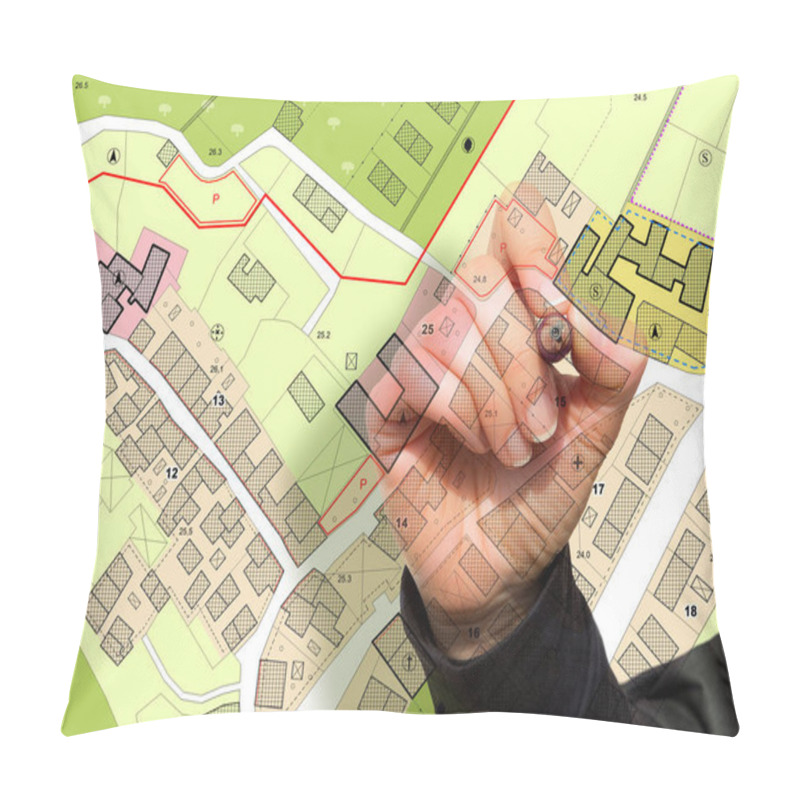 Personality  Imaginary General Urban Plan With Indications Of Urban Destinations With Buildings, Roads, Buildable Areas And Land Plot With Female Hand Writing Pillow Covers