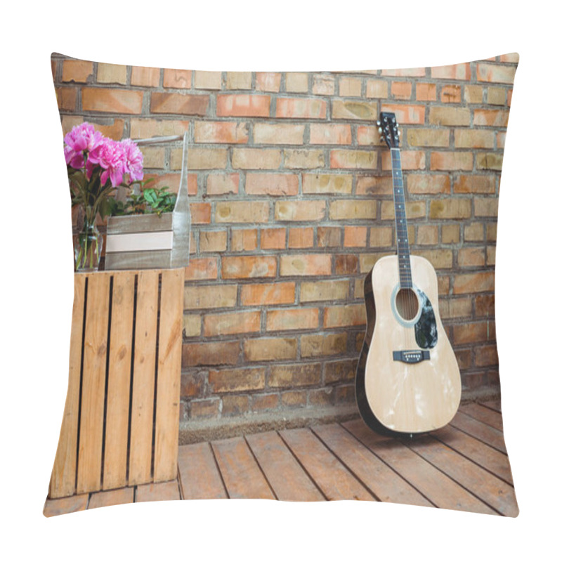 Personality  Pink Peonies In Vase Near Acoustic Guitar And Brick Wall  Pillow Covers