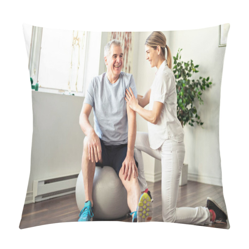 Personality  A Modern Rehabilitation Physiotherapy Worker With Senior Client Pillow Covers