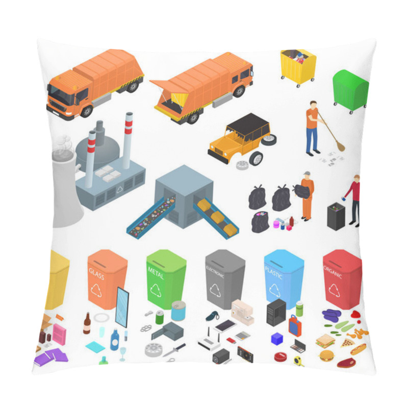 Personality  Garbage Recycling Signs 3d Icons Set Isometric View. Vector Pillow Covers