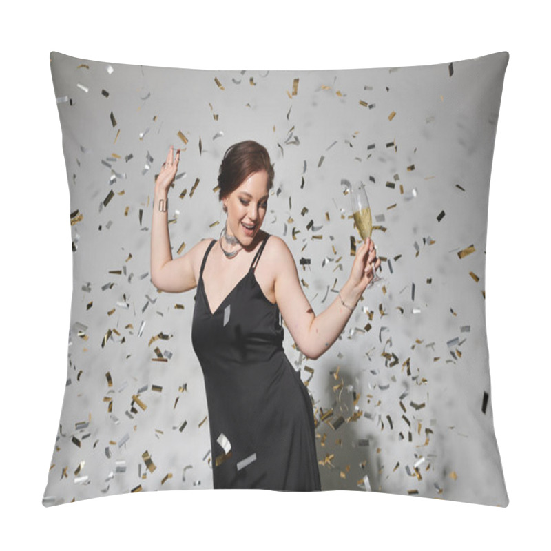 Personality  A Woman In Evening Wear Dances Joyfully, Toasting With A Drink As Confetti Falls. Pillow Covers