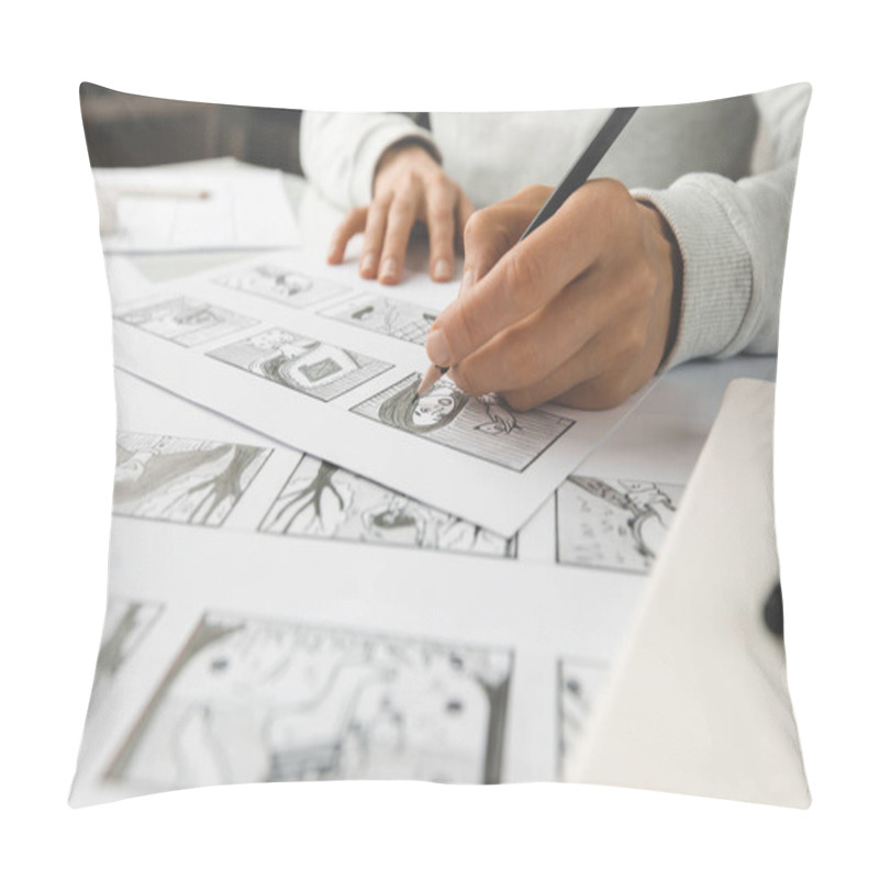 Personality  Hands Draw With A Pencil The Storyboard For The Film. The Artist Draws Cartoon Characters. Pillow Covers