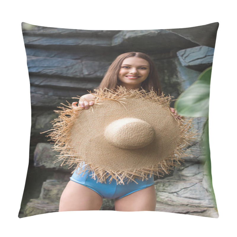 Personality  Beautiful Smiling Woman In Straw Hat In Tropical Garden Pillow Covers