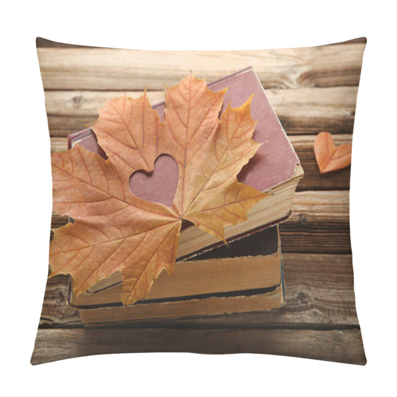 Personality  Dry Maple Leaf With Heart And Old Books On Brown Wooden Table Pillow Covers