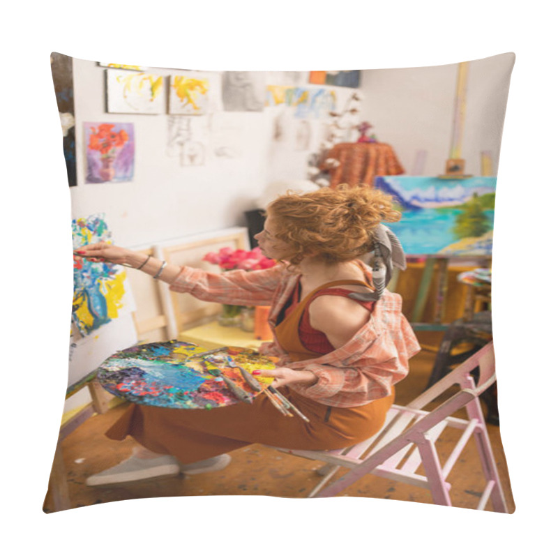 Personality  Stylish Talented Artist Feeling Amazing While Painting On Canvas Pillow Covers