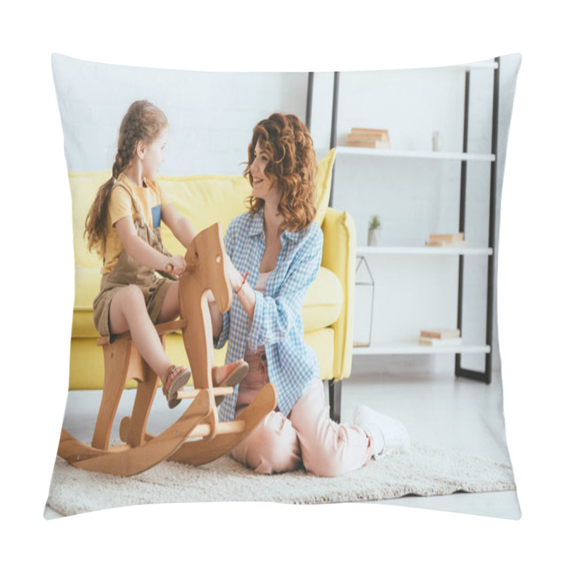 Personality  Smiling Nanny Sitting On Floor And Touching Adorable Kid Riding Rocking Horse Pillow Covers