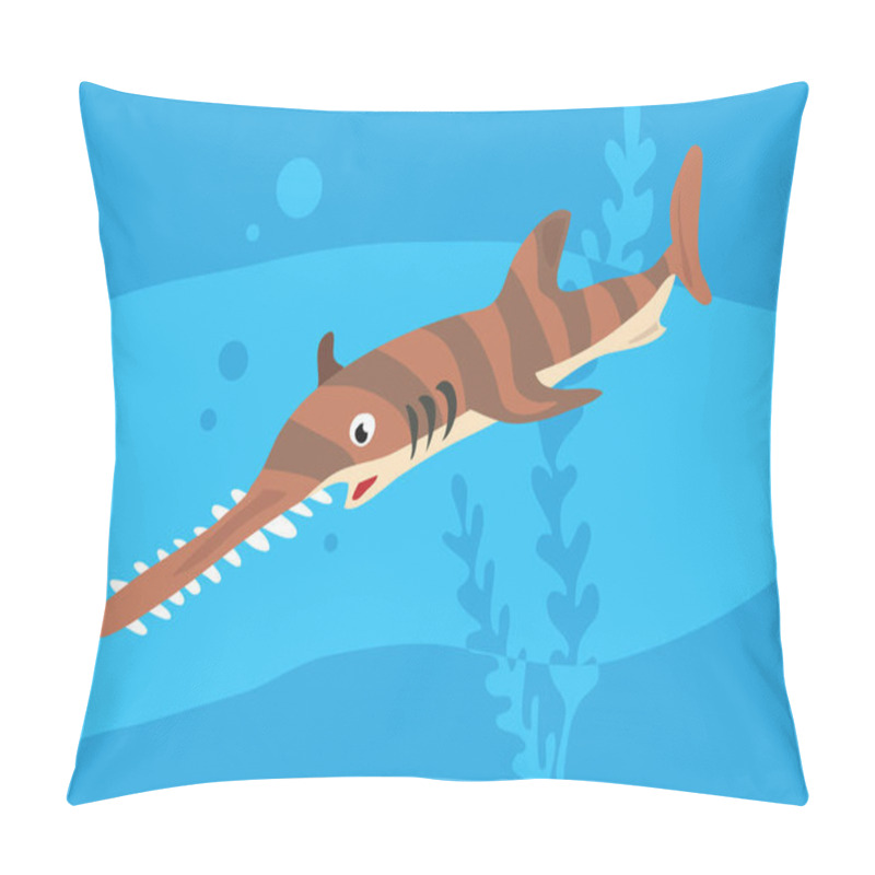 Personality  Vector Image Of Fish Sawfish On Blue Background With Silhouette Of Waves And Algae. Gift Card For Collecting For Children. Pillow Covers