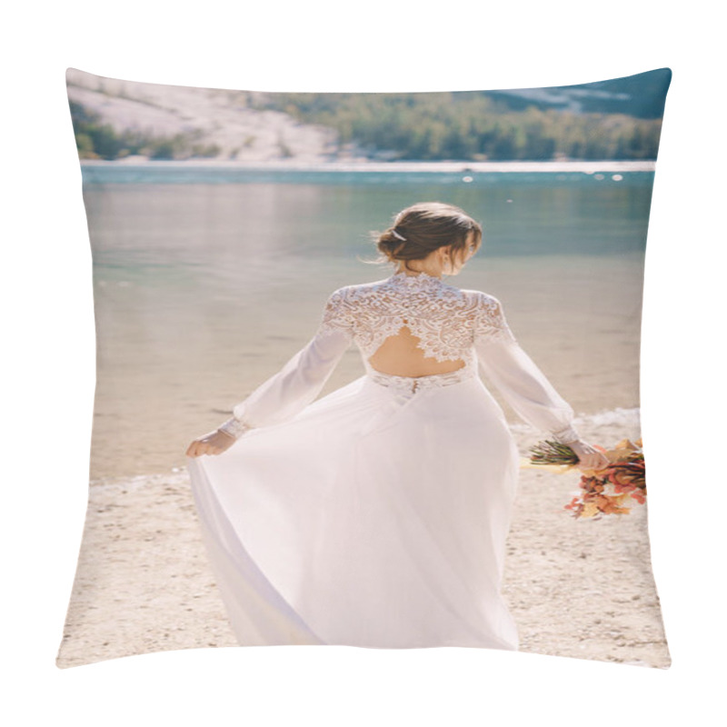 Personality  Beautiful Bride In A White Dress With Sleeves And Lace, With A Yellow Autumn Bouquet Of Dried Flowers And Peony Roses, On The Lago Di Braies In Italy. Destination Wedding In Europe, On Braies Lake. Pillow Covers