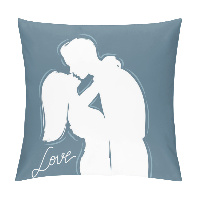 Personality  Silhouette Of Passionate Young Couple Kissing Isolated On Dark Blue Background : Vector Illustration Pillow Covers