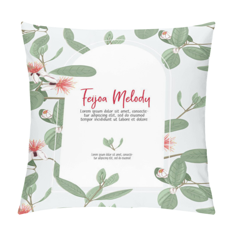 Personality  Template For Invitation, Greeting Card, Banner With Place For Text With Feijoa Flowers. Vector Illustration. In Soft Green Colors. Pillow Covers