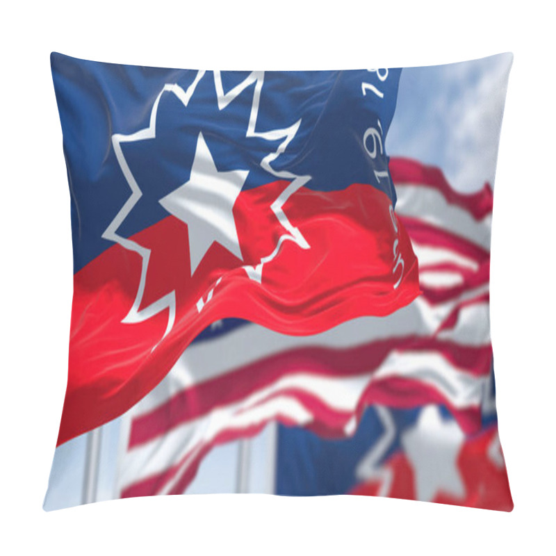 Personality  The Juneteenth Flag Waving In The Wind With The American Flag. Juneteenth Is A Federal Holiday In The United States Commemorating The Emancipation Of Enslaved African-Americans Pillow Covers