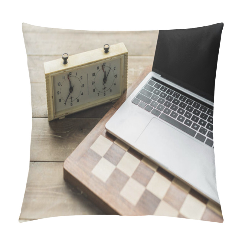 Personality  Chess Clock, Laptop And Chess Board On Rustic Wooden Surface Pillow Covers