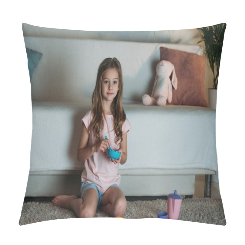 Personality  Little Kid Pretending Ti Have Tea Party While Sitting On Floor At Home Pillow Covers