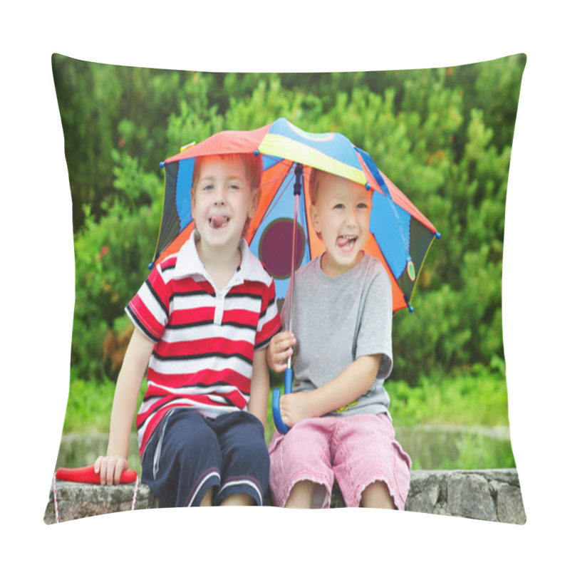 Personality  Two Funny Kids Friends Sitting Under Umbrella Outdoor. Summer Pillow Covers