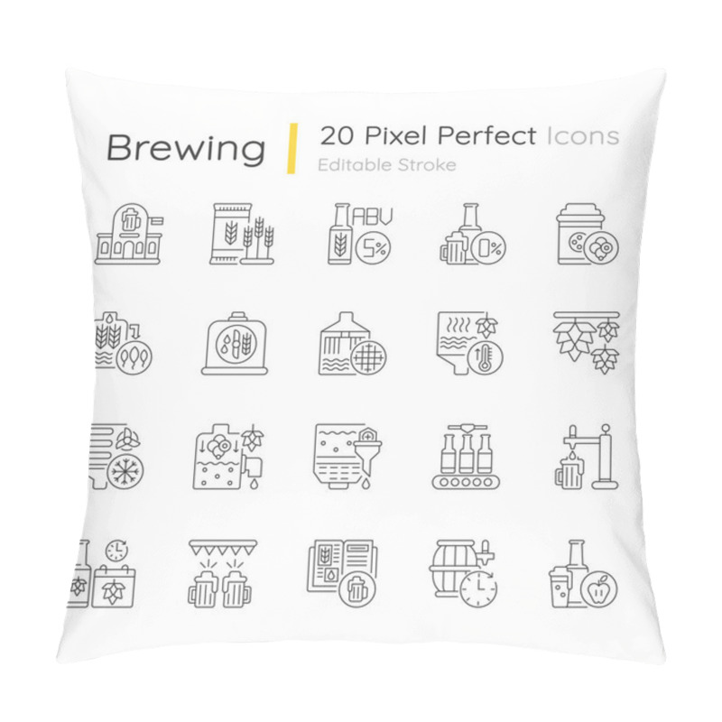 Personality  Brewing Pixel Perfect Linear Icons Set. Beer Production. Factory Produce Alcohol. Manufacturing Process. Customizable Thin Line Contour Symbols. Isolated Vector Outline Illustrations. Editable Stroke Pillow Covers