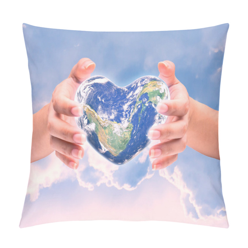 Personality  World In Heart Shape With Over Women Human Hands On Blurred Natu Pillow Covers