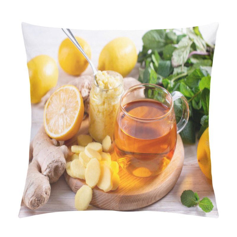 Personality  Fall Immune System Booster - Ginger And Lemon Tea And Ingredients, Rustic Wood Background Pillow Covers