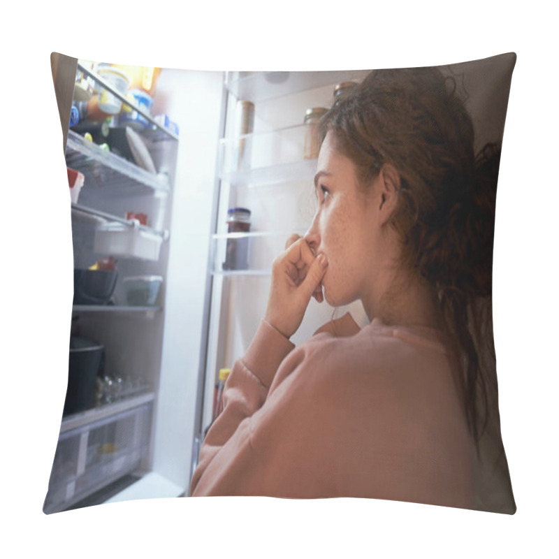 Personality  Undecided Young Caucasian Woman Checking Fridge For Some Food At Night Pillow Covers