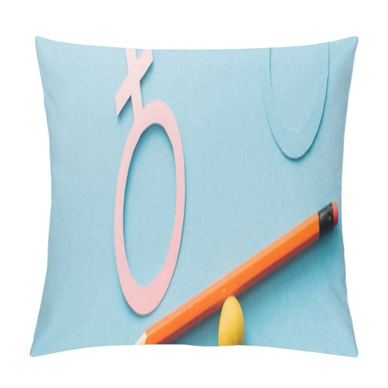 Personality  Panoramic Shot Of Scale Of Small Ball And Pencil With Different Genders Isolated On Blue, Sexual Equality Concept  Pillow Covers