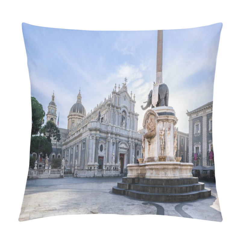 Personality  Saint Agatha Cathedral Church And The Liotru Elephant Fountain Around A Medieval Town Square At Sunrise, A Famous Baroque Style Landmark In Catania, Sicily, Italy Pillow Covers