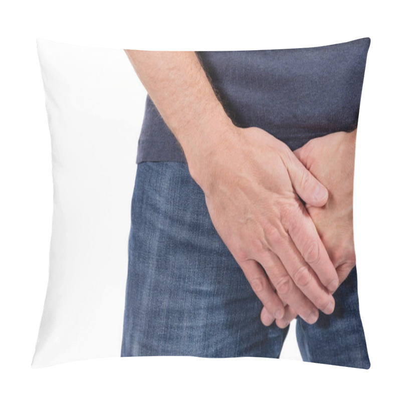 Personality  Man Holding His Urethra In Pain. Men Problems On White Background. Medical Concept Pillow Covers