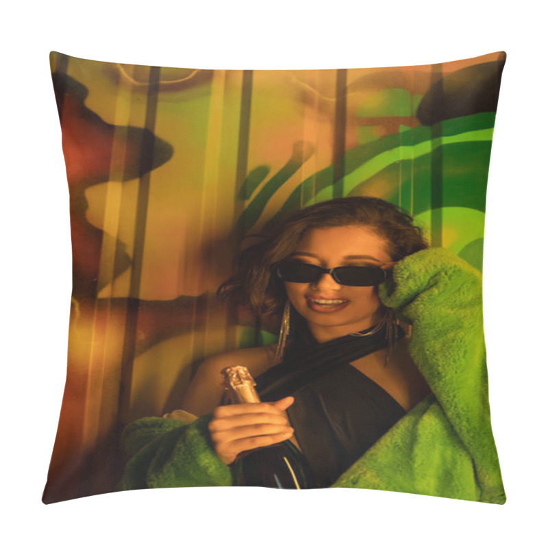 Personality  Joyful And Stylish Asian Woman Wearing Sunglasses And Holding Champagne Near Graffiti In Night Club Pillow Covers