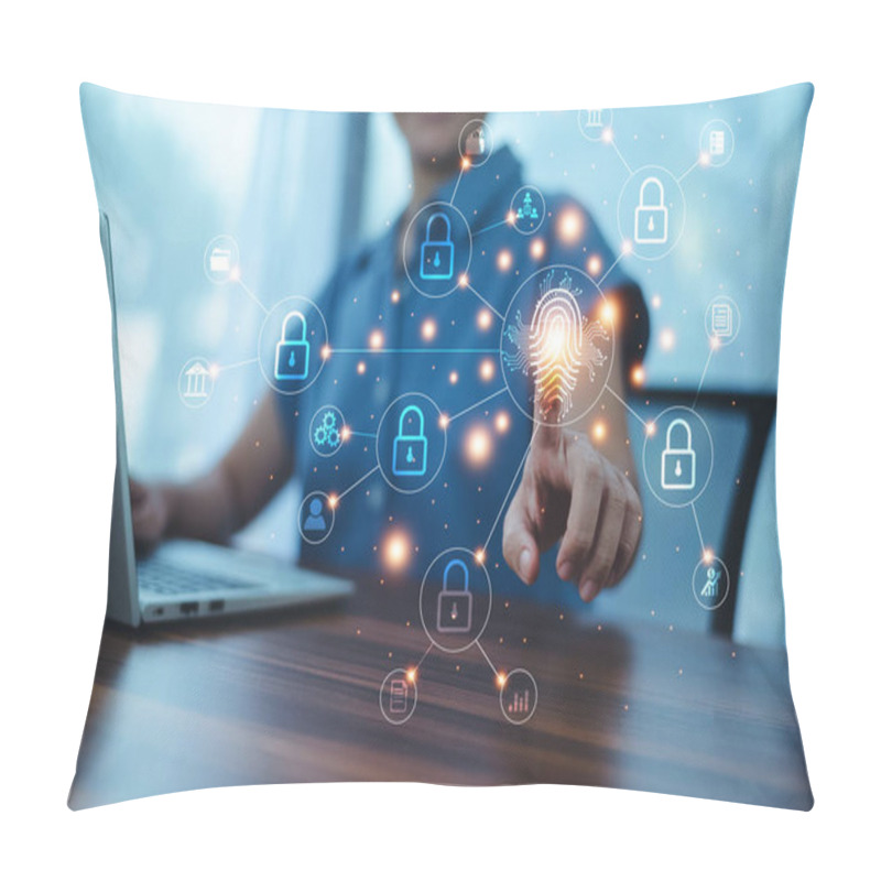 Personality  Scan Finger  Data Security Concept, Woman Scan Finger Print Unlock On Digital Data Security Enter, Data Security Concept Design For Digital Data Technology Pillow Covers